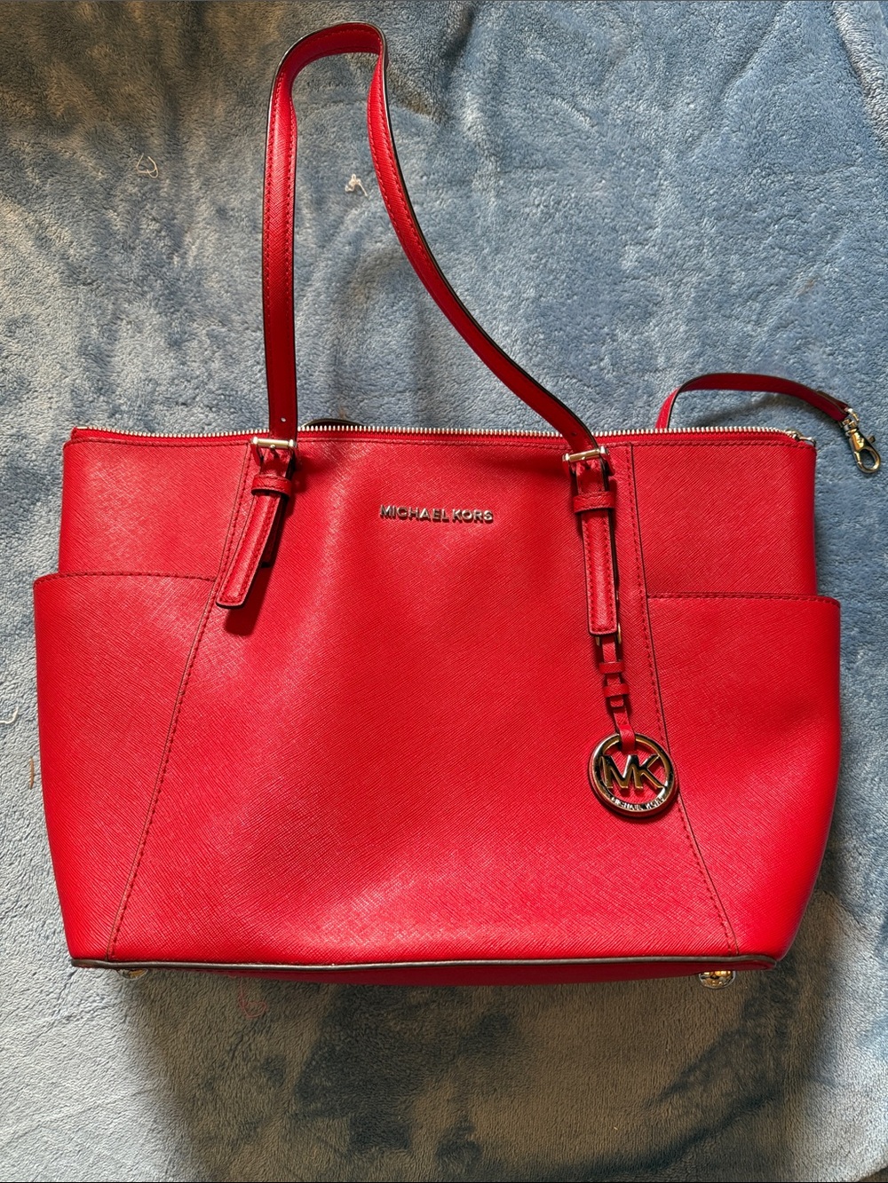 Michael Kors Bright Red Saffiano Leather Tote with MK Charm